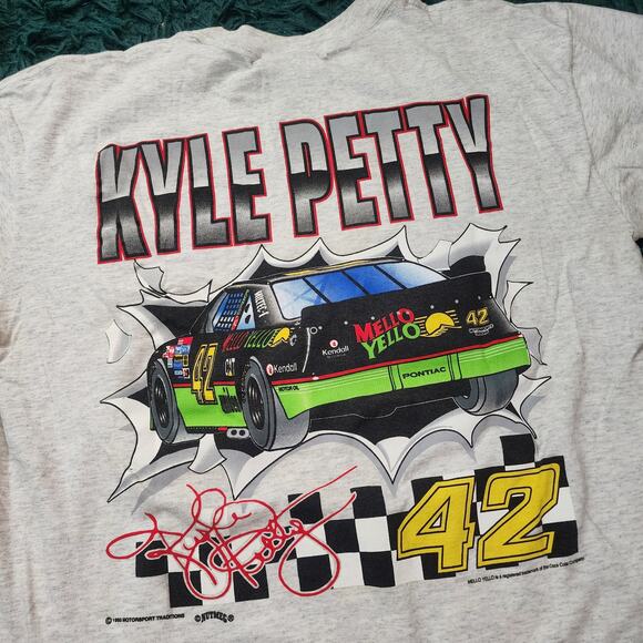 Vintage 1993 Kyle Petty #42 Mello Yello NASCAR Tee L Nutmeg Mills Double Sided - Picture 8 of 8